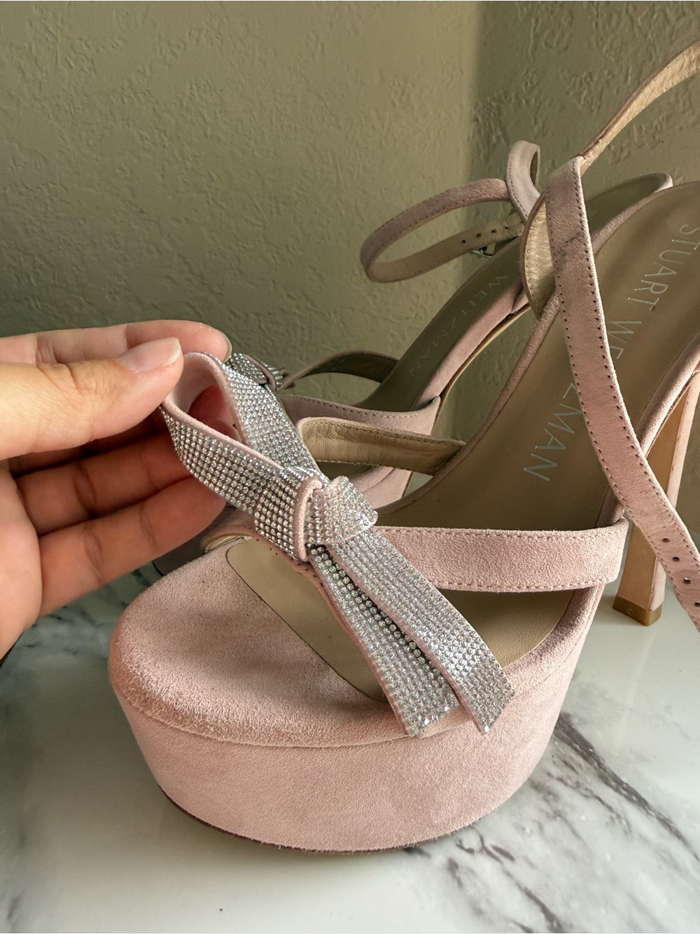 Stuart Weitzman Mega Bow Platform Heels Sandals crystal Pink suede Size 7 - Picture 7 of 16